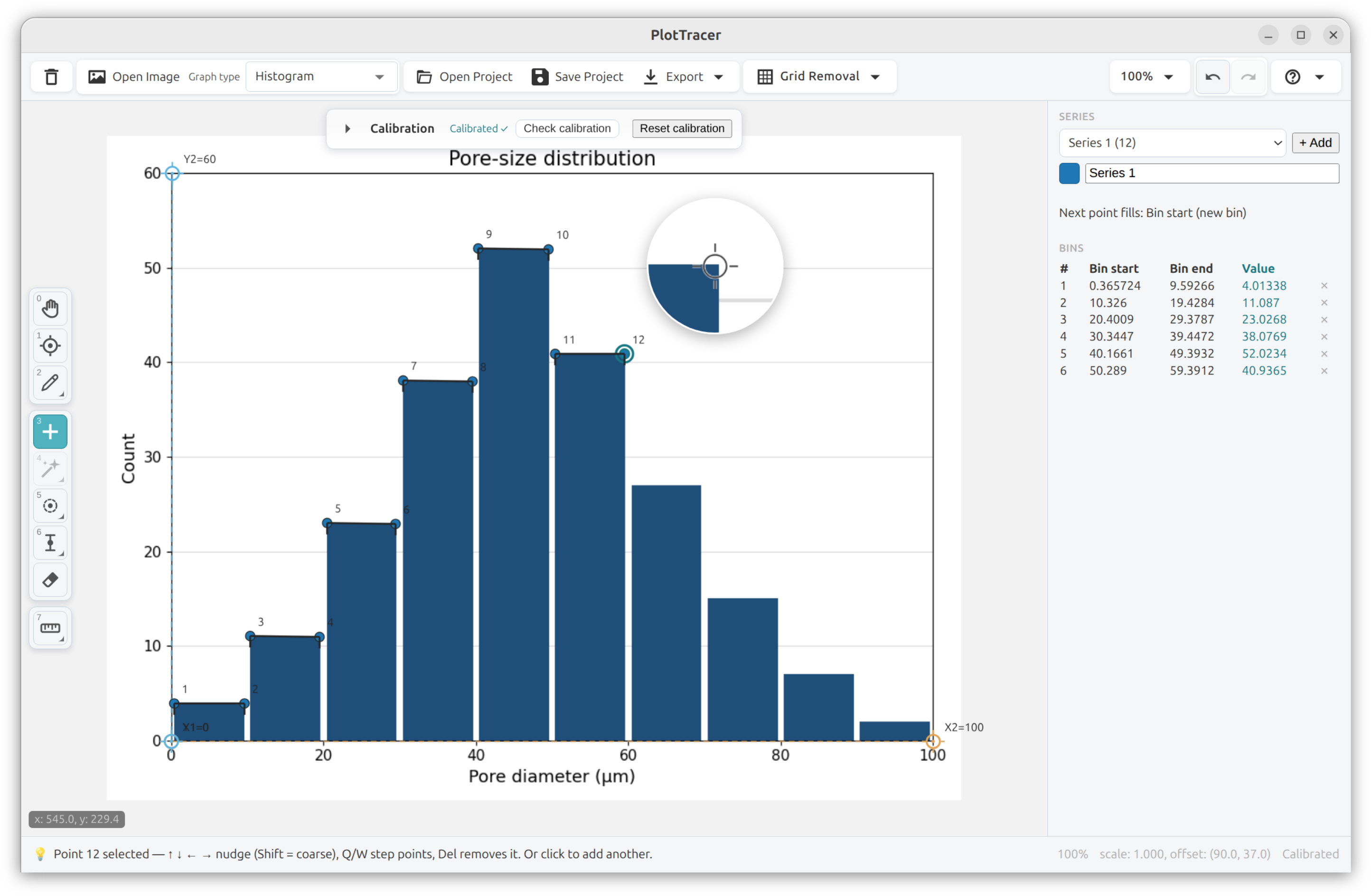 A histogram in PlotTracer with bin edges captured.